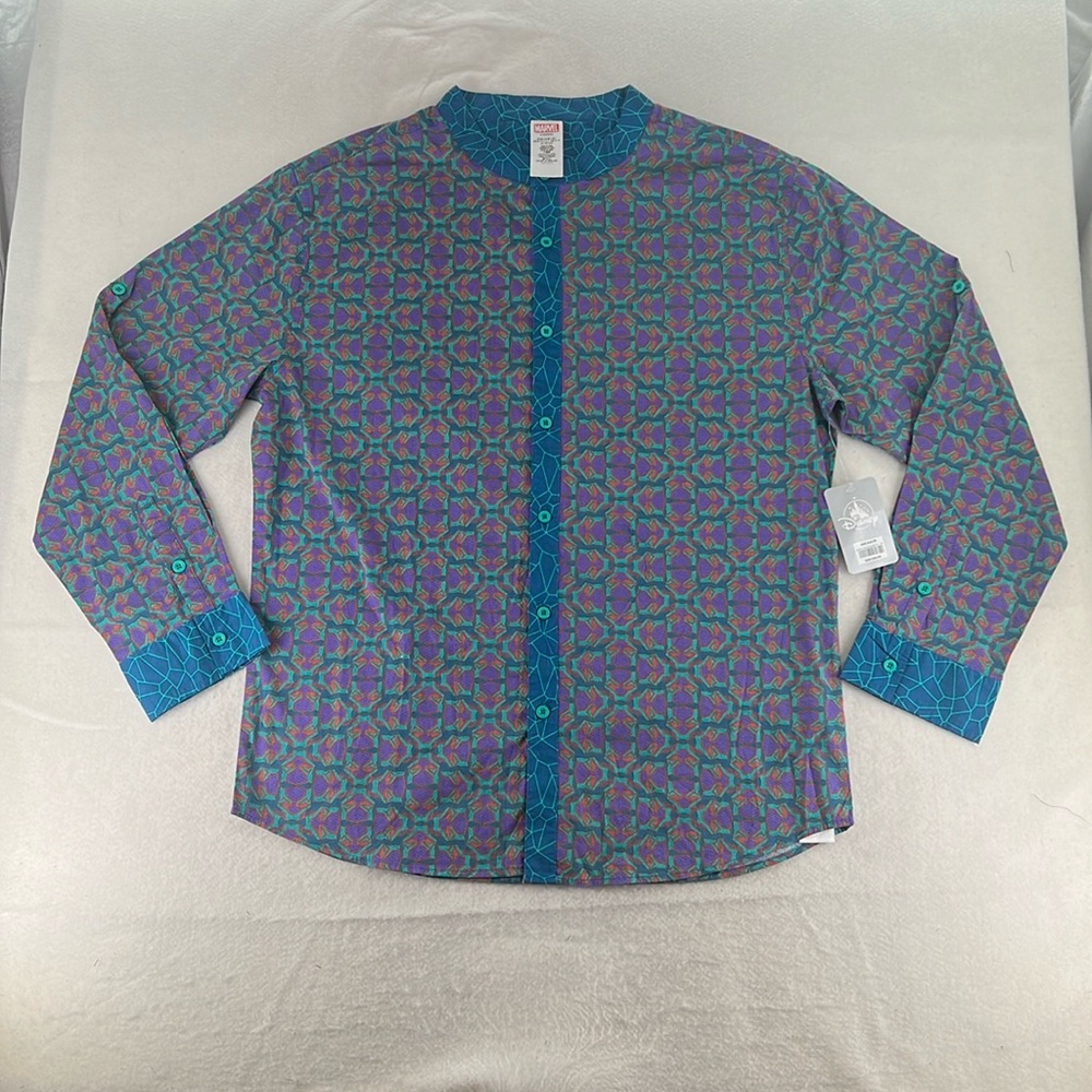 NWT Disney Marvel Black Panther Wakanda Long Sleeve Button Up Blue Purple Mens L